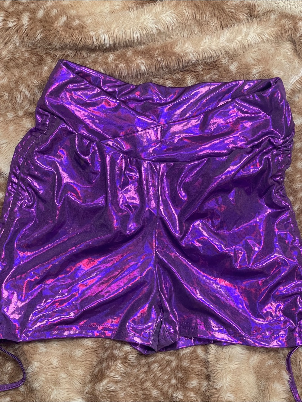 Purple iridescent high rise shorts